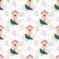 Seamless pattern with stalling birds and birdhouses.